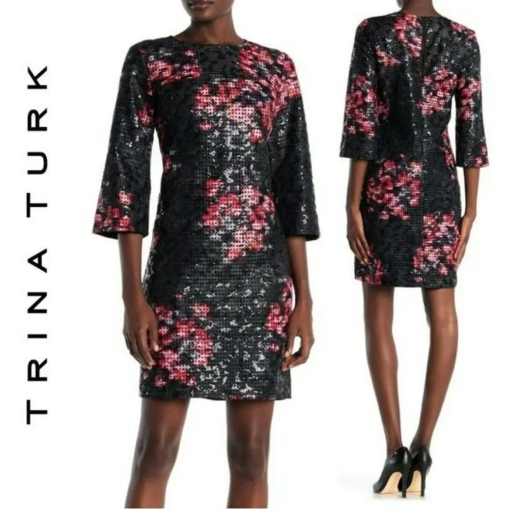 Trina‎ Turk Floral Sequin Party Dress Black Pink 3/4 Sleeves Size 2 Dressy - Picture 7 of 13
